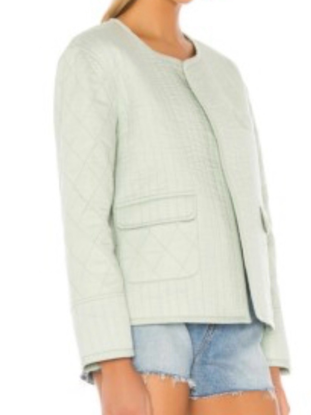 Tularosa Theo open front Quilted Collarless Jacket in Light Mint, S